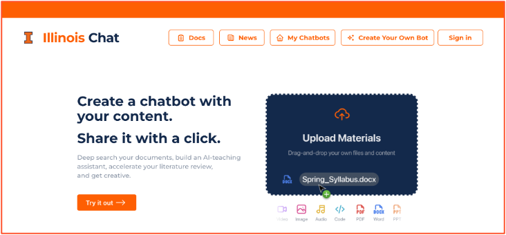 Illinois Chat homepage showing chatbot creation and material upload